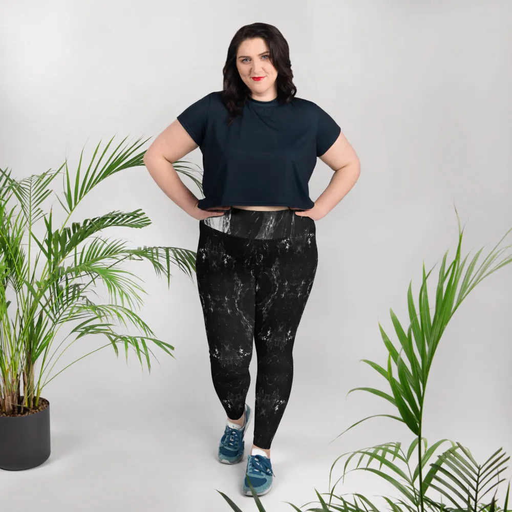 Black Marble Plus Size Leggings, Marbled Print Abstract Women's Yoga Pants-Made in USA/EU