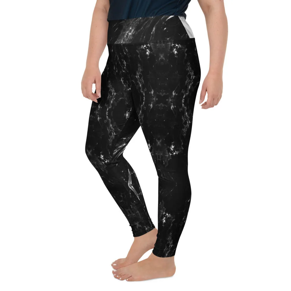 Black Marble Plus Size Leggings, Marbled Print Abstract Women's Yoga Pants-Made in USA/EU