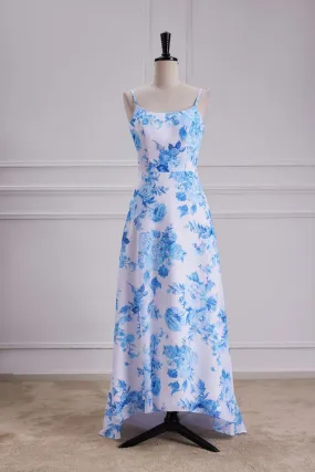 Blue Floral Print A Line Spaghetti Strap Dress Chiffon Prom Dress