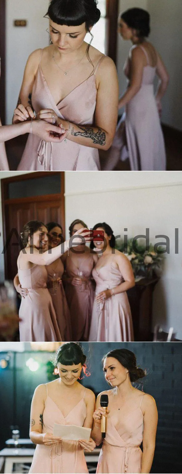 Blush Pink Spaghetti Strap High Low Ruffles A-line Bridesmaid Dresses, AB4136