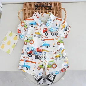 Boy's Shirt Suit Thin Summer Fashionable Cartoon Baby Short Sleeve Summer Clothing Two piece for boys