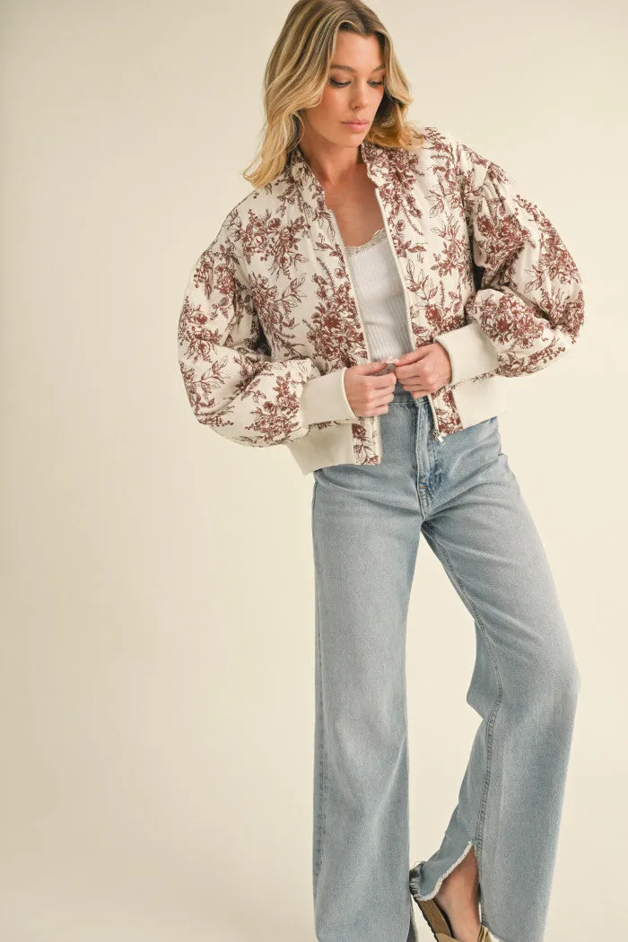 Brown and Champagne Floral Bomber Puff Jacket