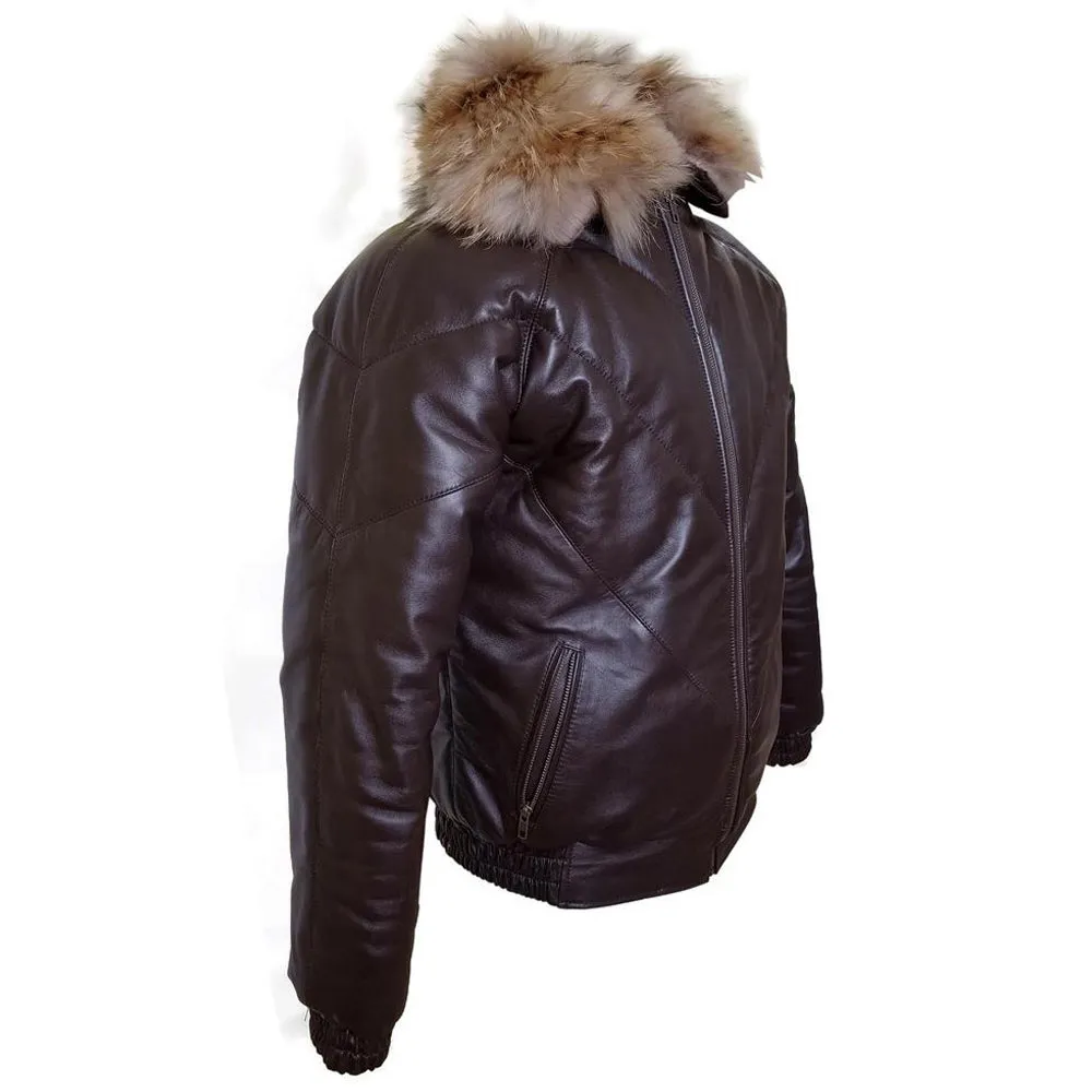 Brown V-Bomber style Puffer Winter Leather Jacket with fur collar