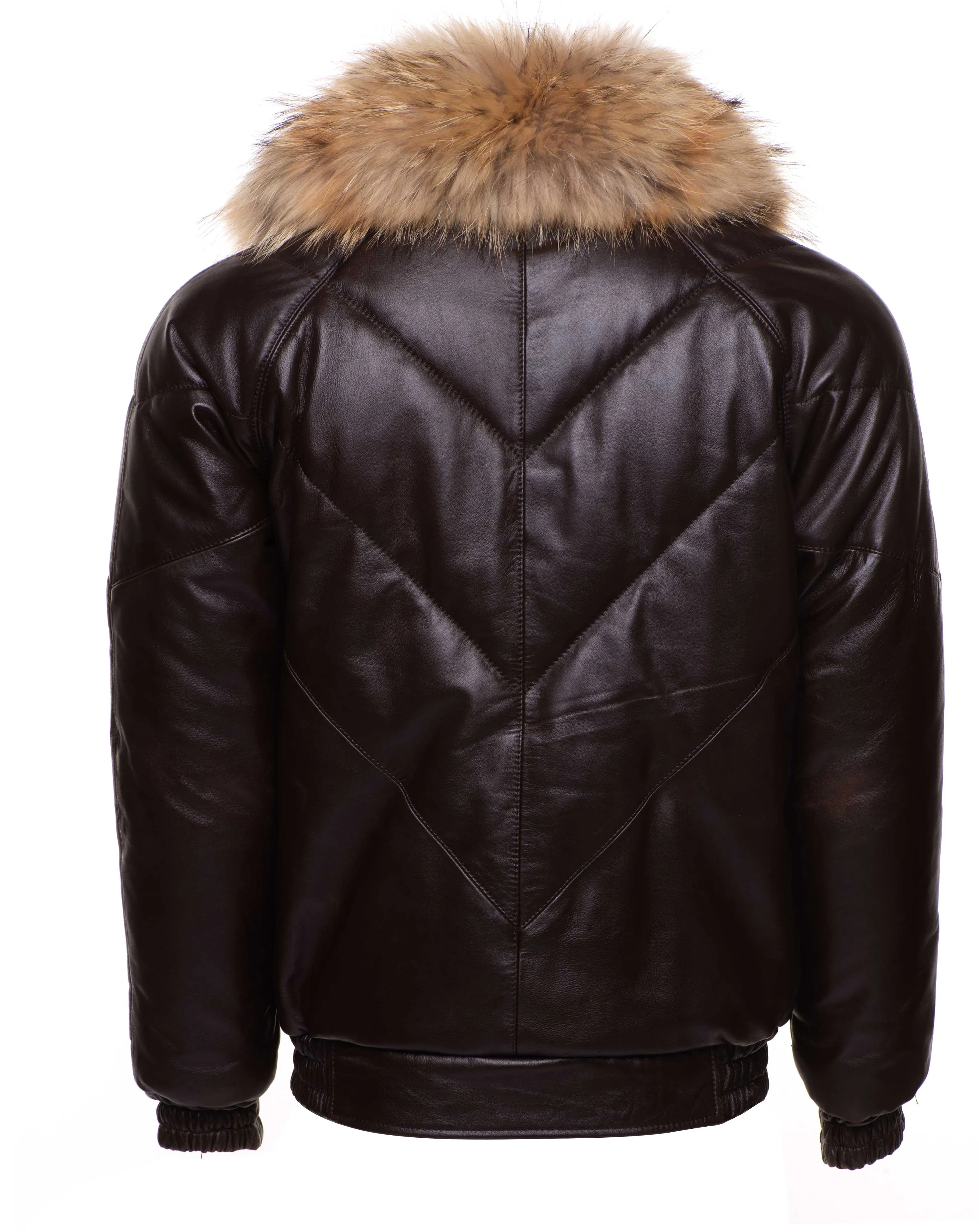 Brown V-Bomber style Puffer Winter Leather Jacket with fur collar