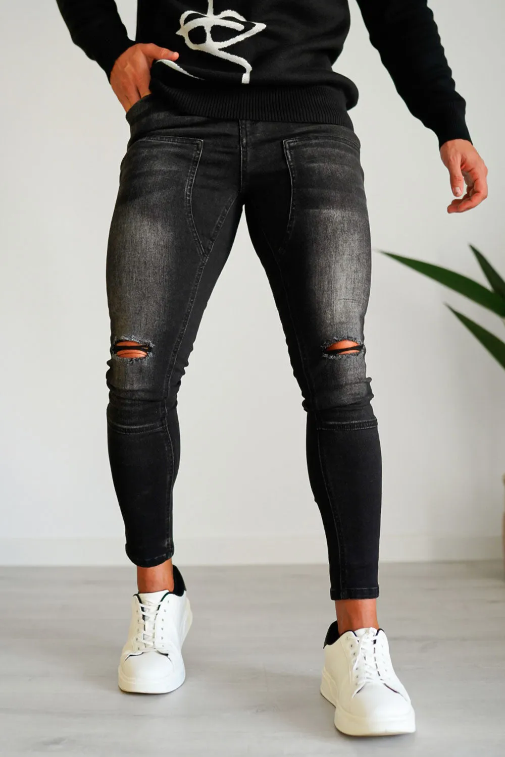 Buy $80 Free Shipping Men's Black Ripped Stretch Jean