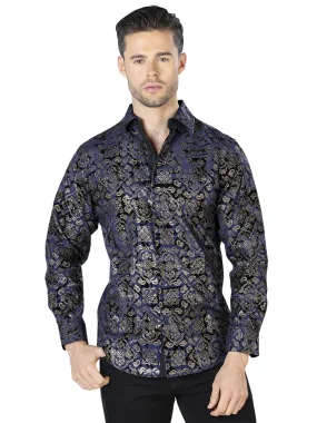 Camisa Casual Manga Larga Estampada Marino/Oro para Hombre 'El Señor de los Cielos' - ID: 44054