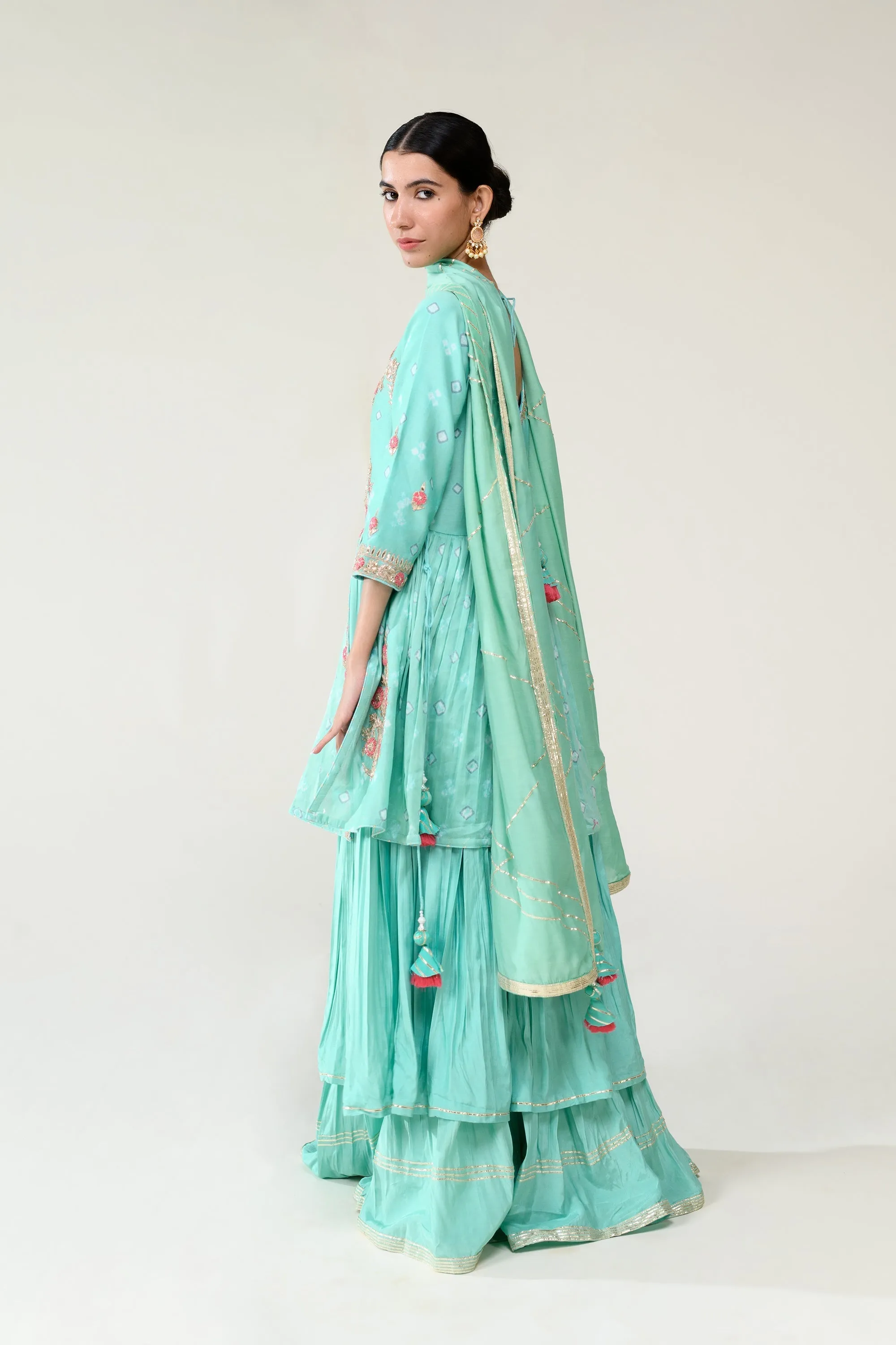 Chanderi Bandhej Suit with Gota Patti, Zardosi, Thread work.