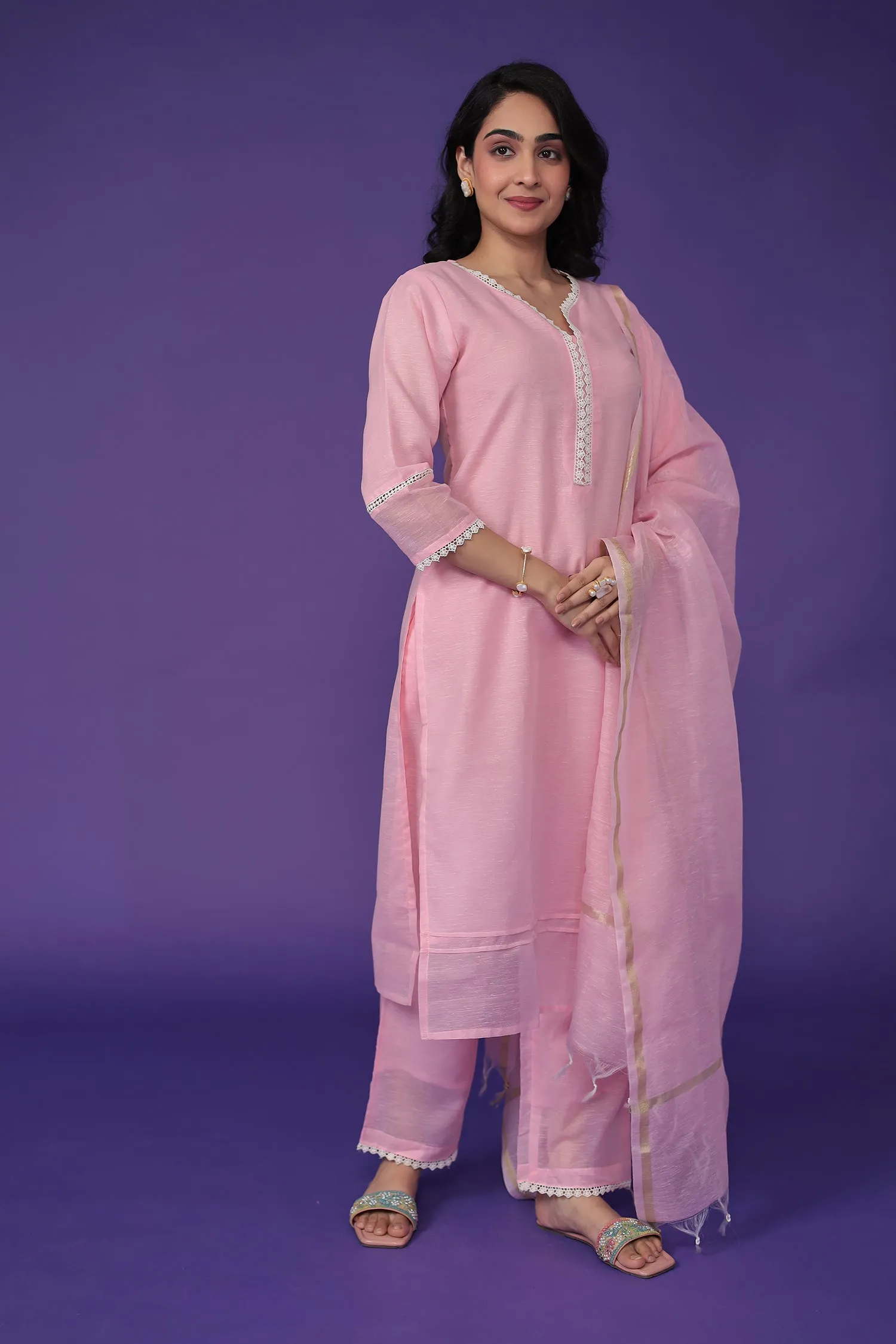 Chanderi Kurta Set Stitched with Embroidered work