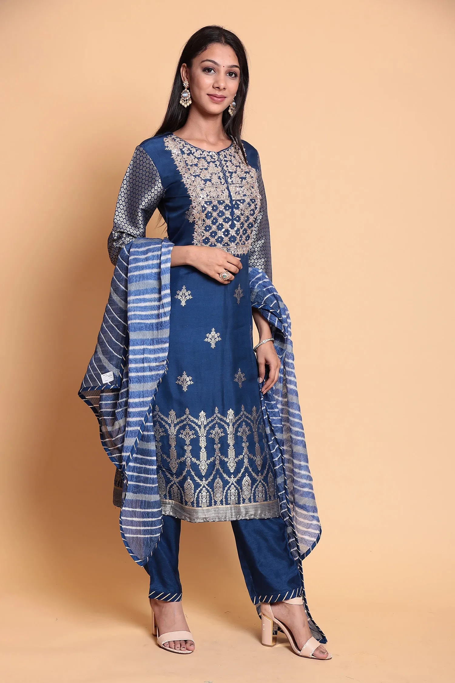 Chanderi silk Suit Stitched with Gota Patti work.