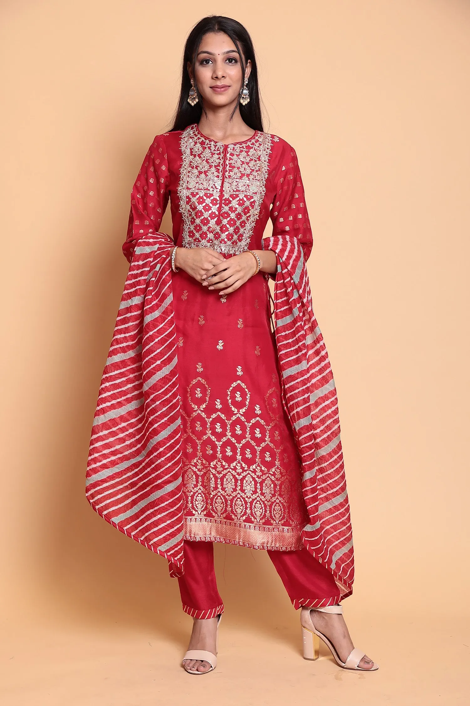 Chanderi silk Suit Stitched with Gota Patti work.