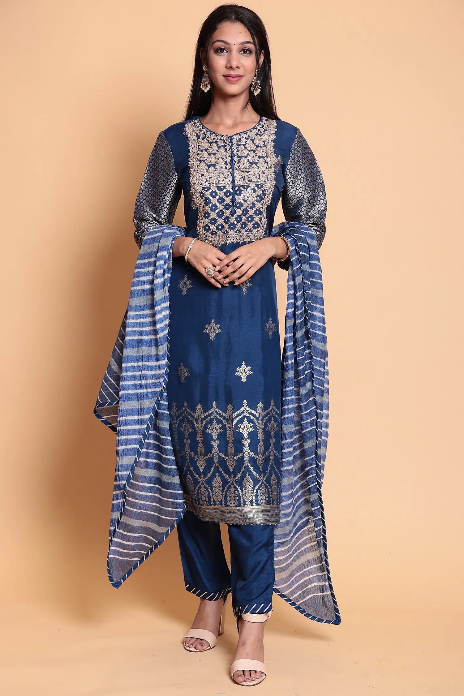 Chanderi silk Suit Stitched with Gota Patti work.