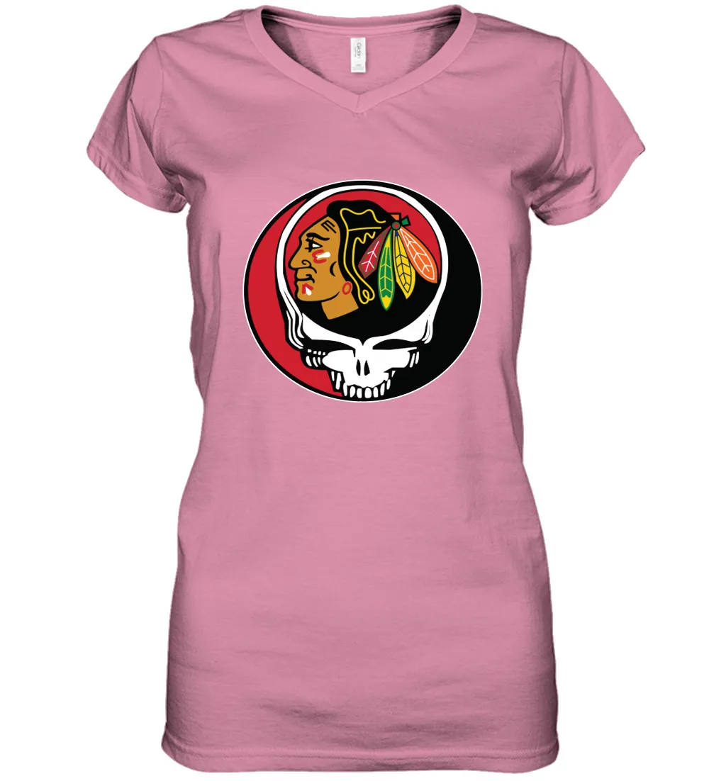 Chicago Blackhawks Grateful Dead Steal Your Face Hockey NHL Womens V-Neck T-Shirt