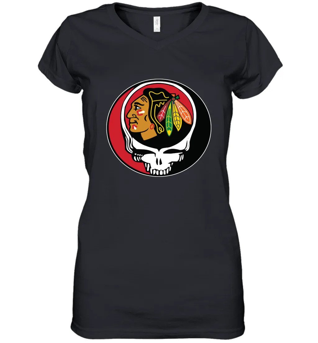 Chicago Blackhawks Grateful Dead Steal Your Face Hockey NHL Womens V-Neck T-Shirt