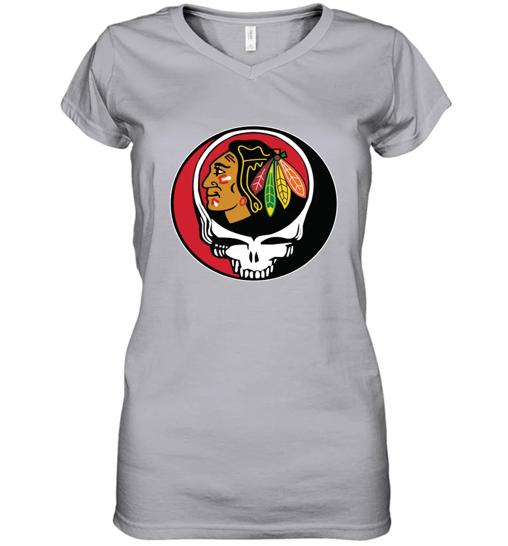 Chicago Blackhawks Grateful Dead Steal Your Face Hockey NHL Womens V-Neck T-Shirt