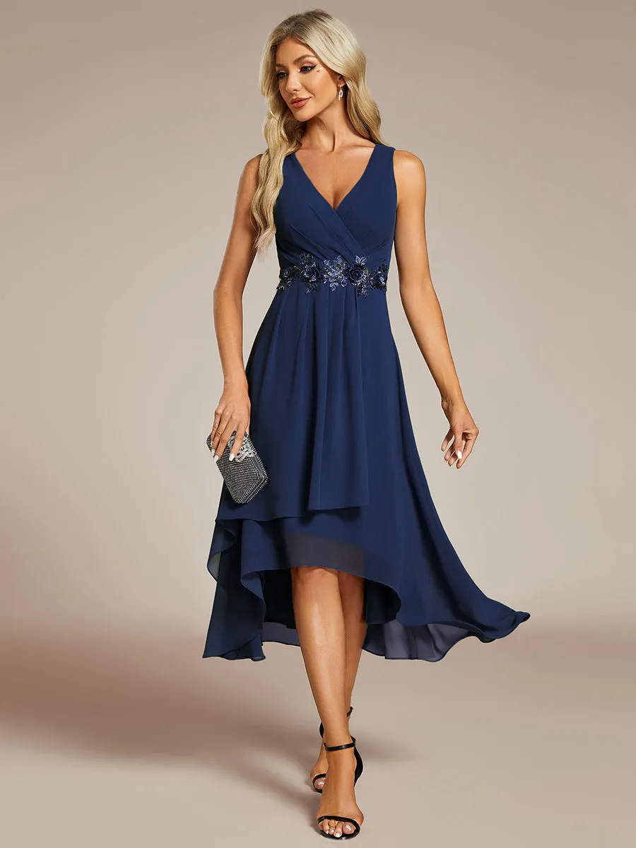 Chiffon Appliques V Neck Tea Length Sleeveless Wholesale Wedding Guest Dress