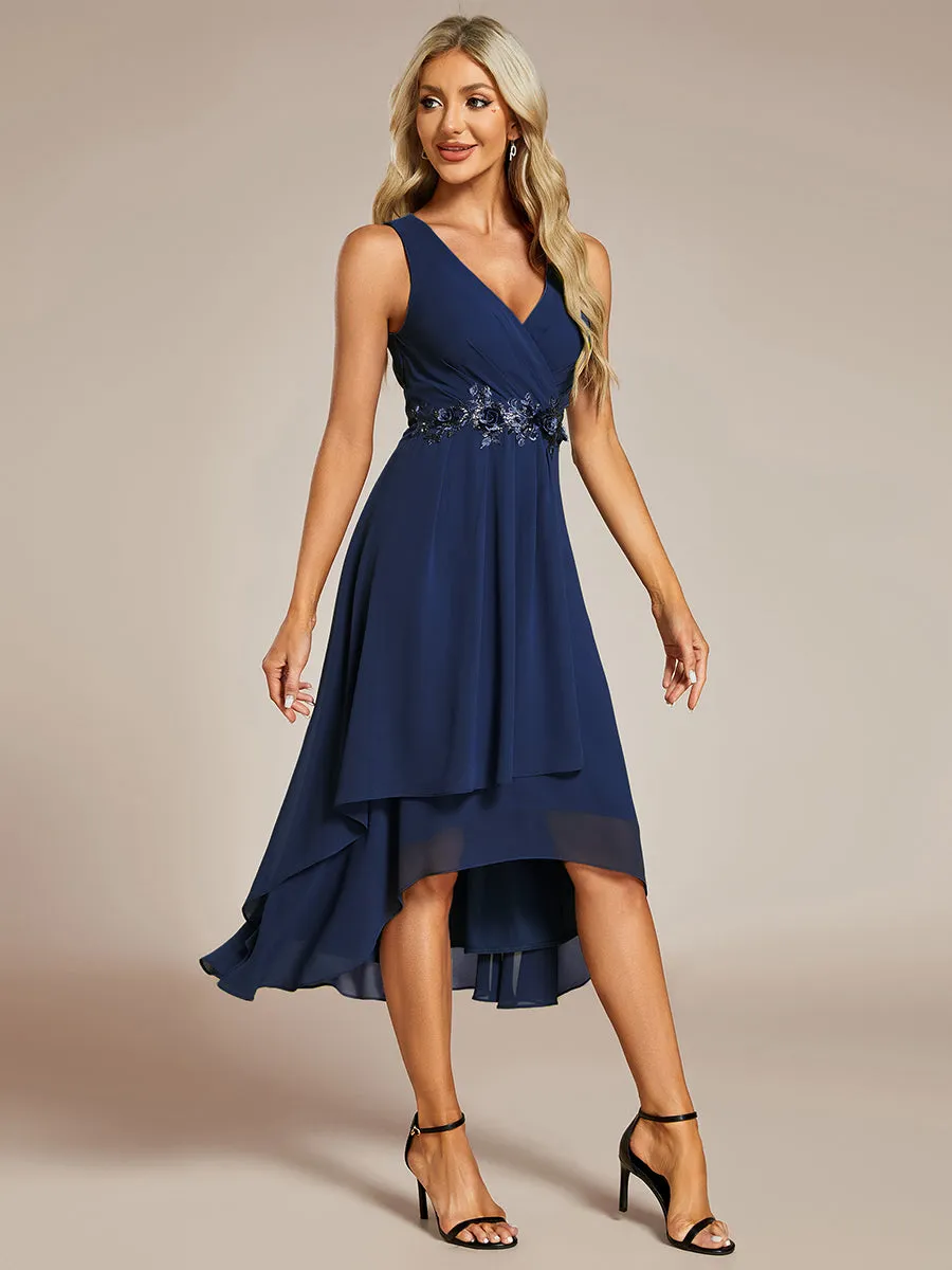 Chiffon Appliques V Neck Tea Length Sleeveless Wholesale Wedding Guest Dress