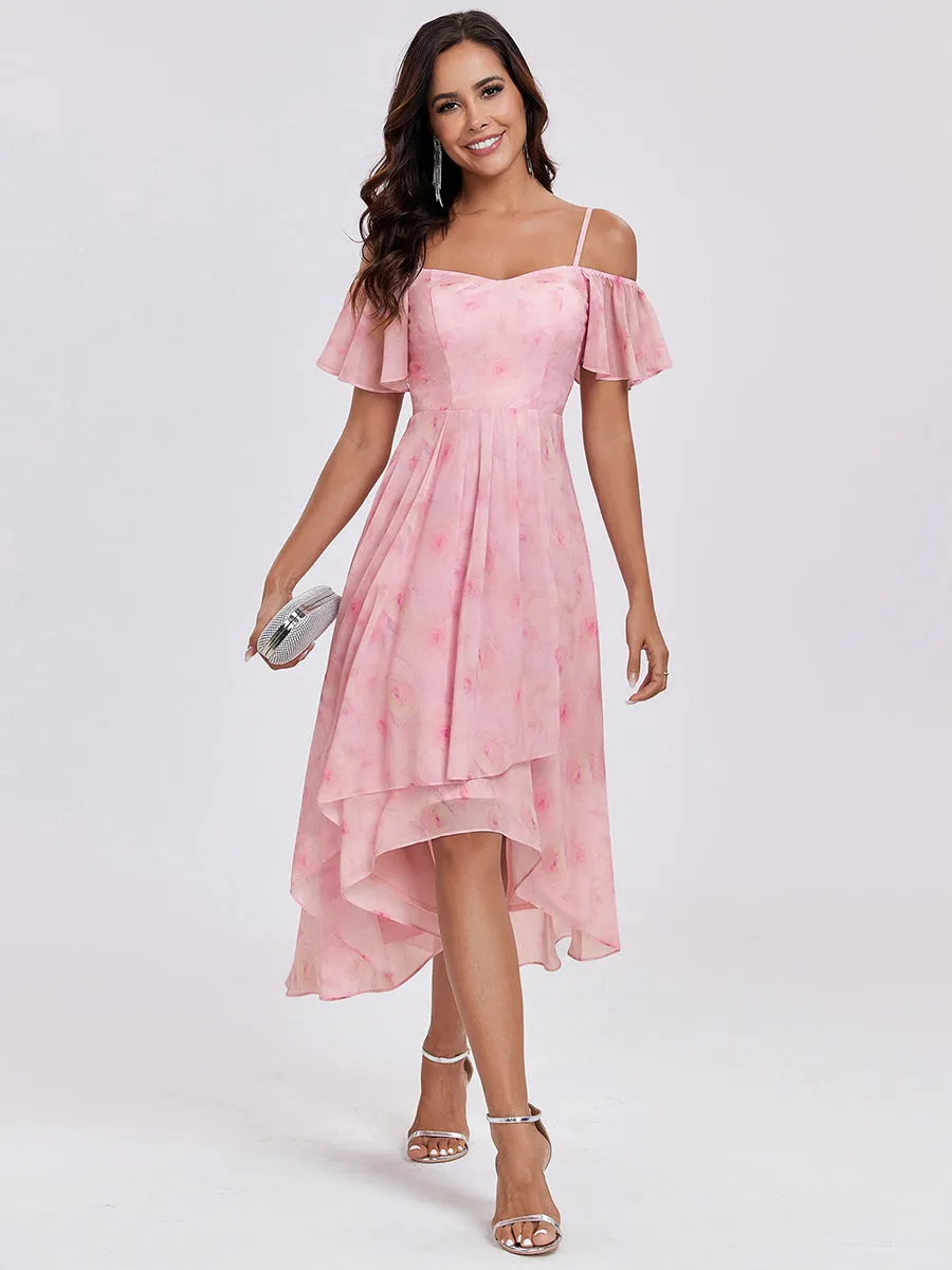 Chiffon Spaghetti Strap Cold Shoulder Tea Length Wedding Guest Dress