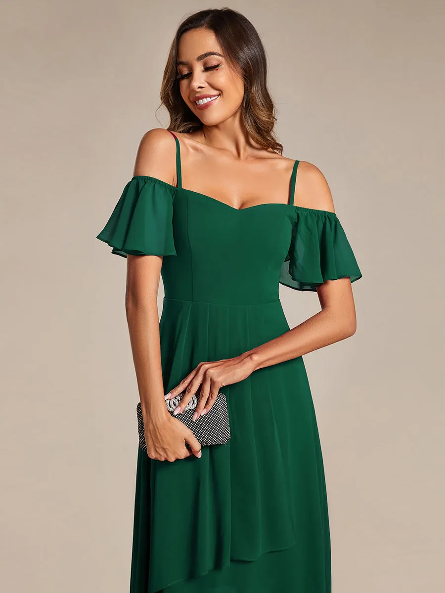 Chiffon Spaghetti Strap Cold Shoulder Tea Length Wedding Guest Dress