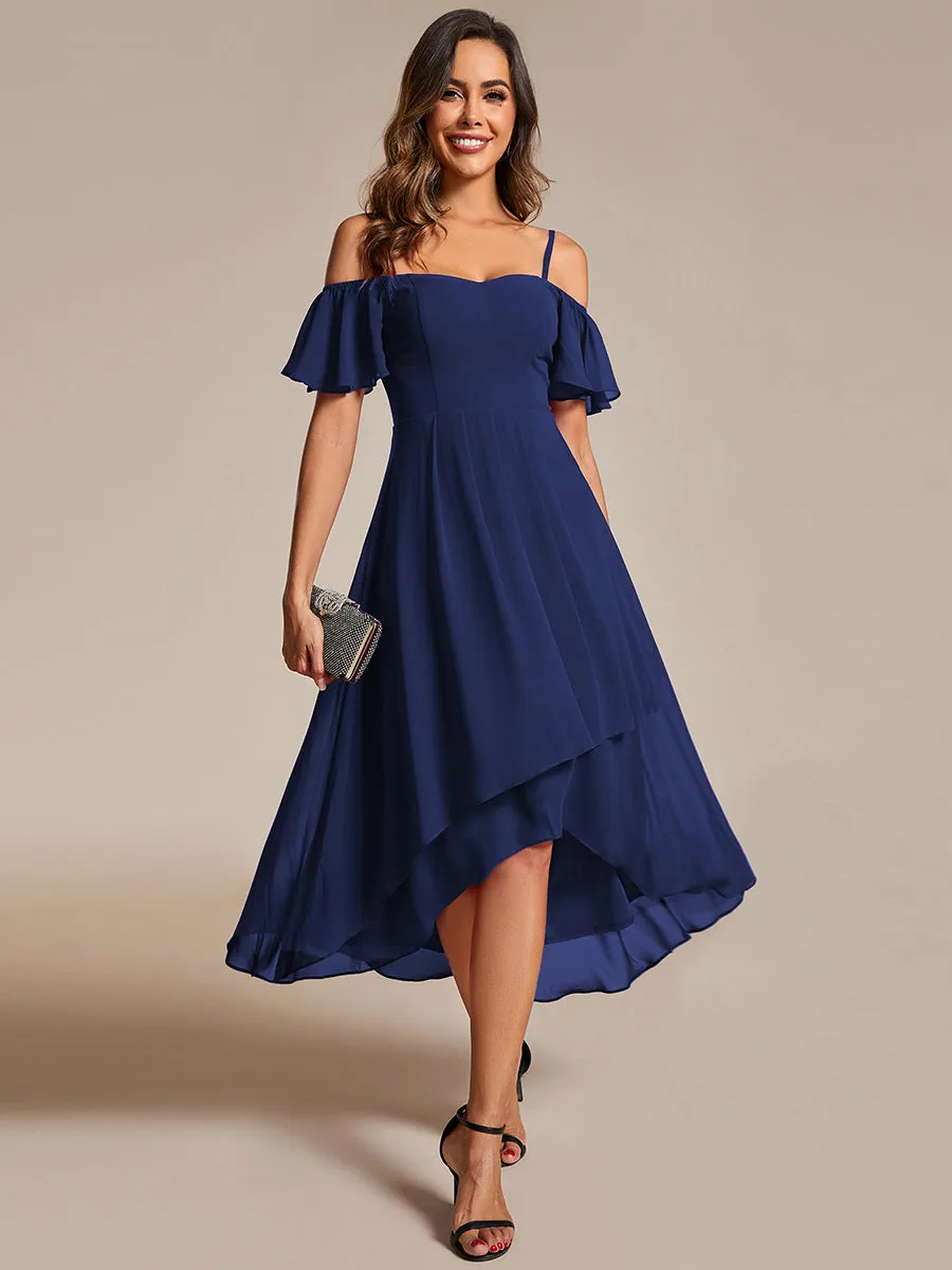 Chiffon Spaghetti Strap Cold Shoulder Tea Length Wedding Guest Dress