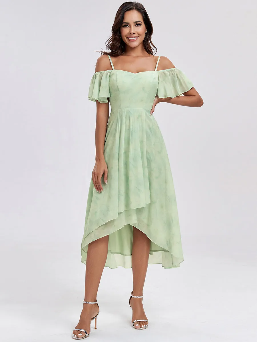 Chiffon Spaghetti Strap Cold Shoulder Tea Length Wedding Guest Dress