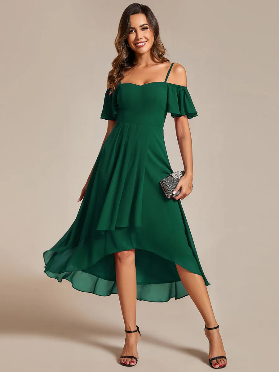 Chiffon Spaghetti Strap Cold Shoulder Tea Length Wedding Guest Dress