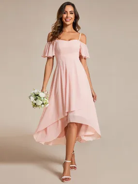 Chiffon Spaghetti Strap Cold Shoulder Tea Length Wedding Guest Dress