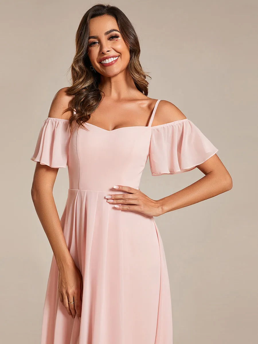 Chiffon Spaghetti Strap Cold Shoulder Tea Length Wedding Guest Dress