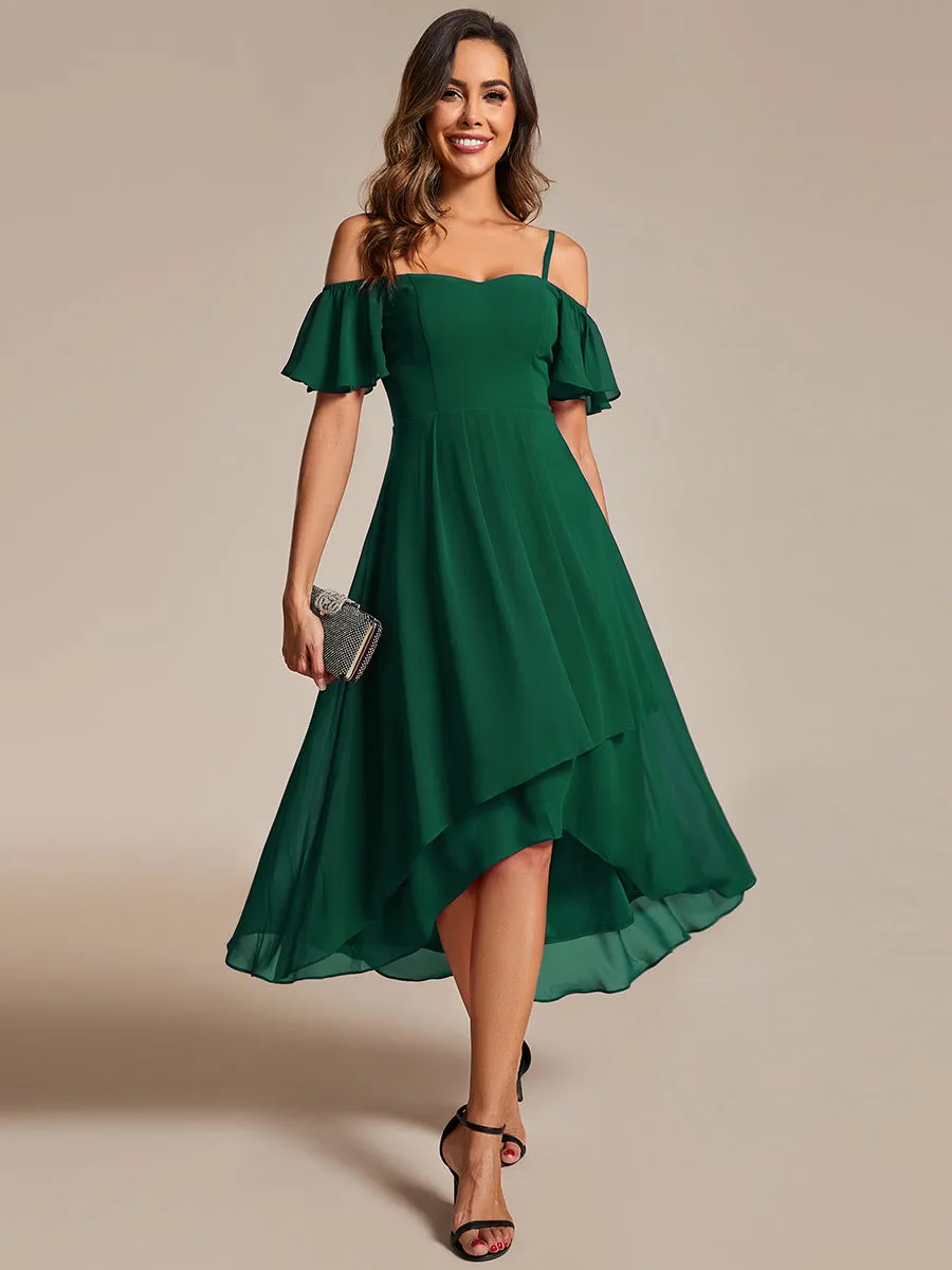 Chiffon Spaghetti Strap Cold Shoulder Tea Length Wedding Guest Dress