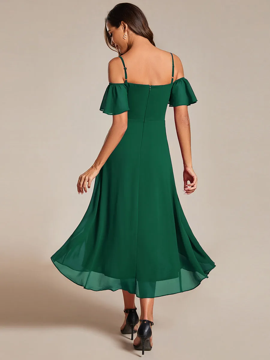 Chiffon Spaghetti Strap Cold Shoulder Tea Length Wedding Guest Dress