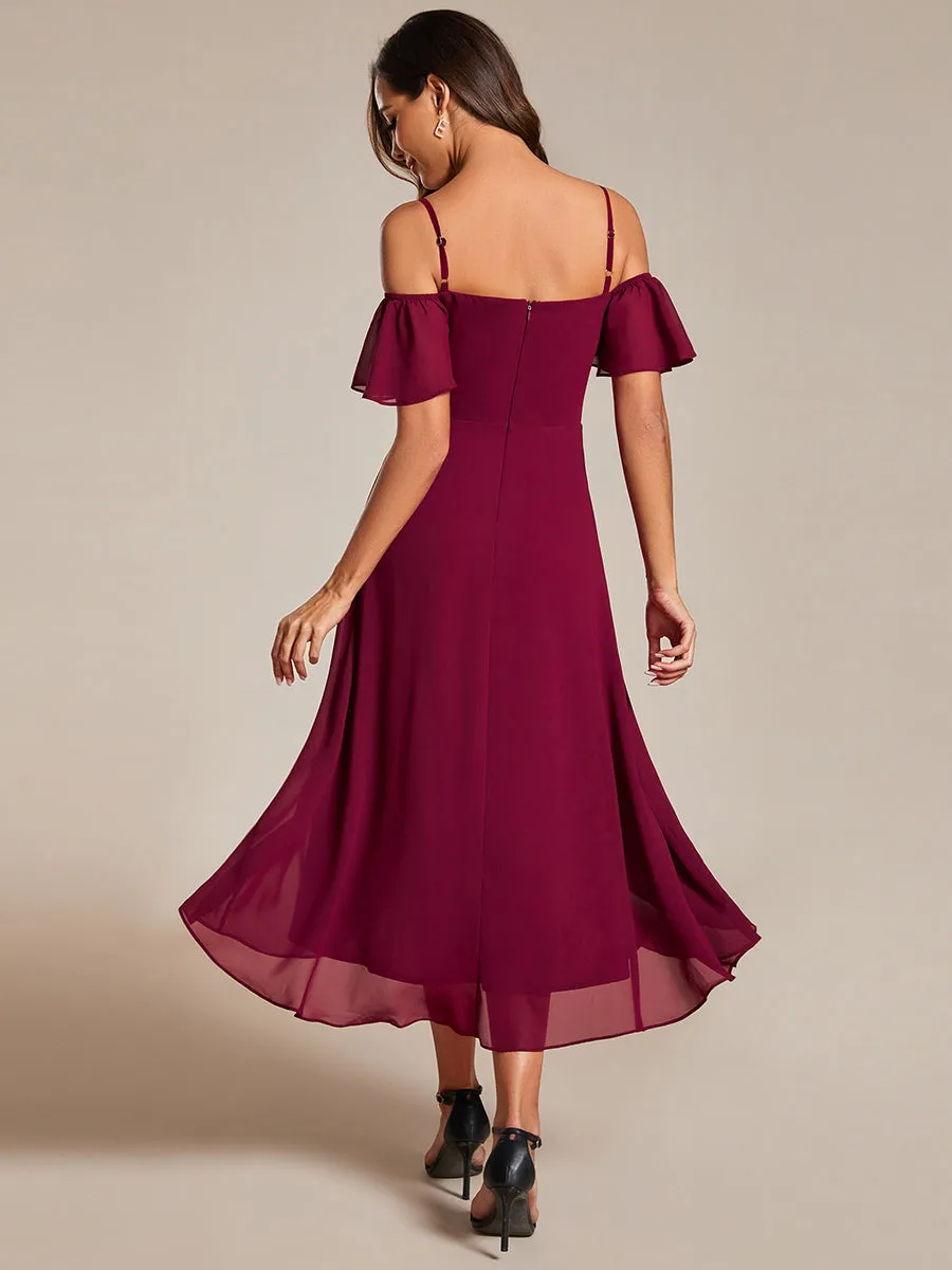 Chiffon Spaghetti Strap Cold Shoulder Tea Length Wedding Guest Dress