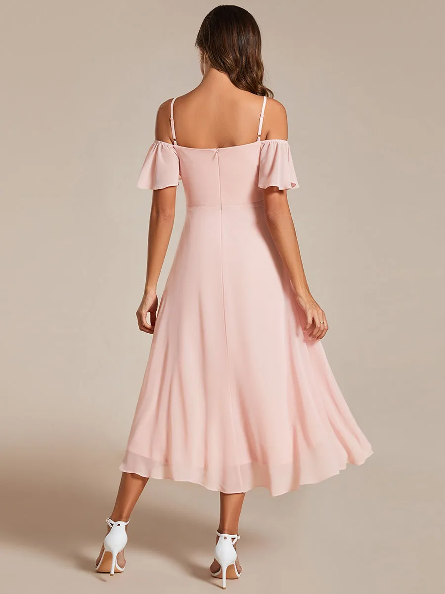 Chiffon Spaghetti Strap Cold Shoulder Tea Length Wedding Guest Dress