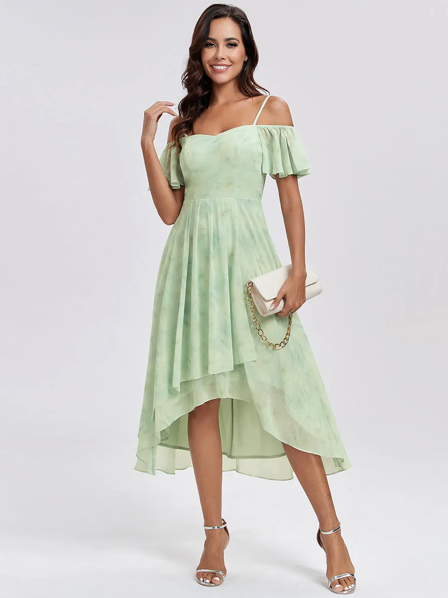 Chiffon Spaghetti Strap Cold Shoulder Tea Length Wedding Guest Dress