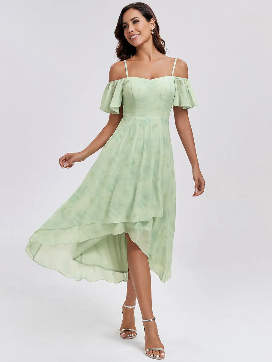 Chiffon Spaghetti Strap Cold Shoulder Tea Length Wedding Guest Dress