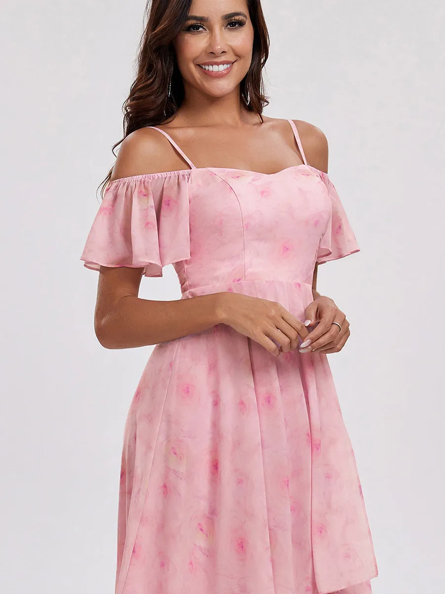 Chiffon Spaghetti Strap Cold Shoulder Tea Length Wedding Guest Dress