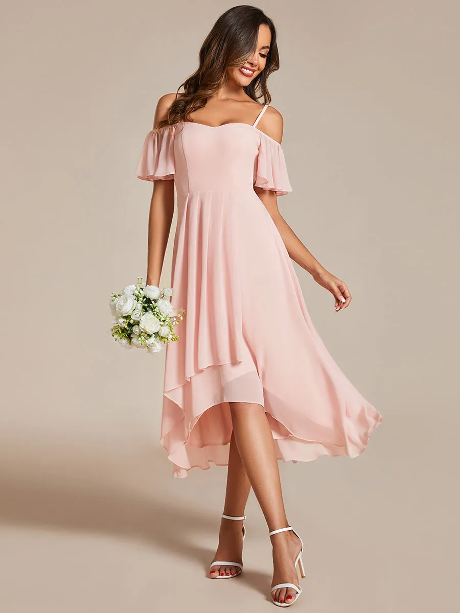 Chiffon Spaghetti Strap Cold Shoulder Tea Length Wedding Guest Dress