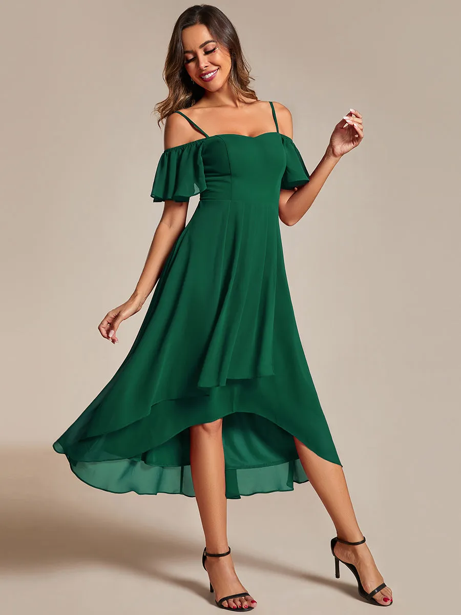 Chiffon Spaghetti Strap Cold Shoulder Tea Length Wedding Guest Dress