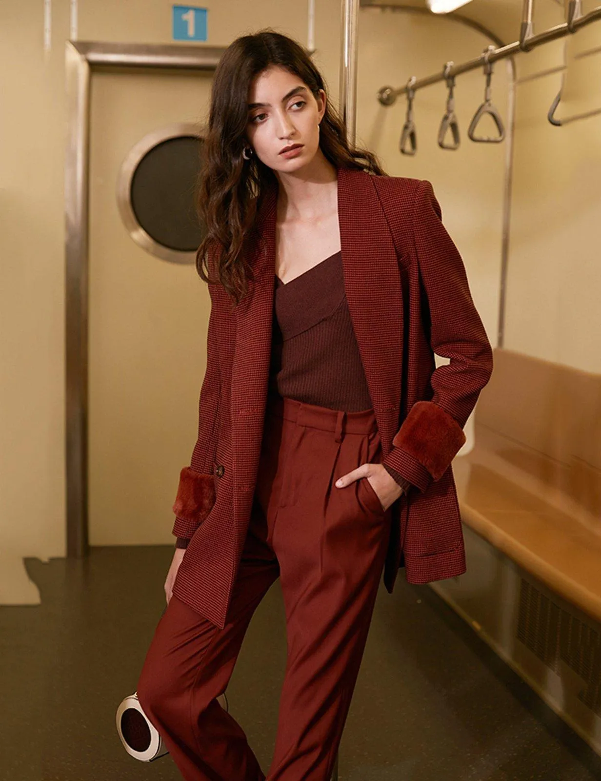 Claret Asymmetric Collar Blazer & Pants Suit Set