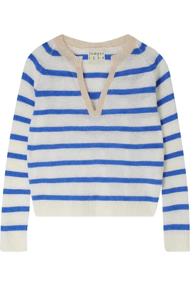 Denim Blue and Cream Cashmere Stripe Open Collar Sweater