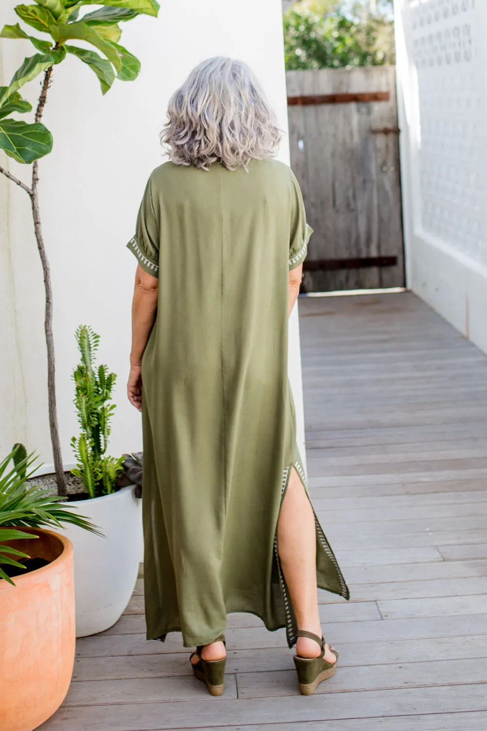 Embroidered Green Kaftan Maxi Dress