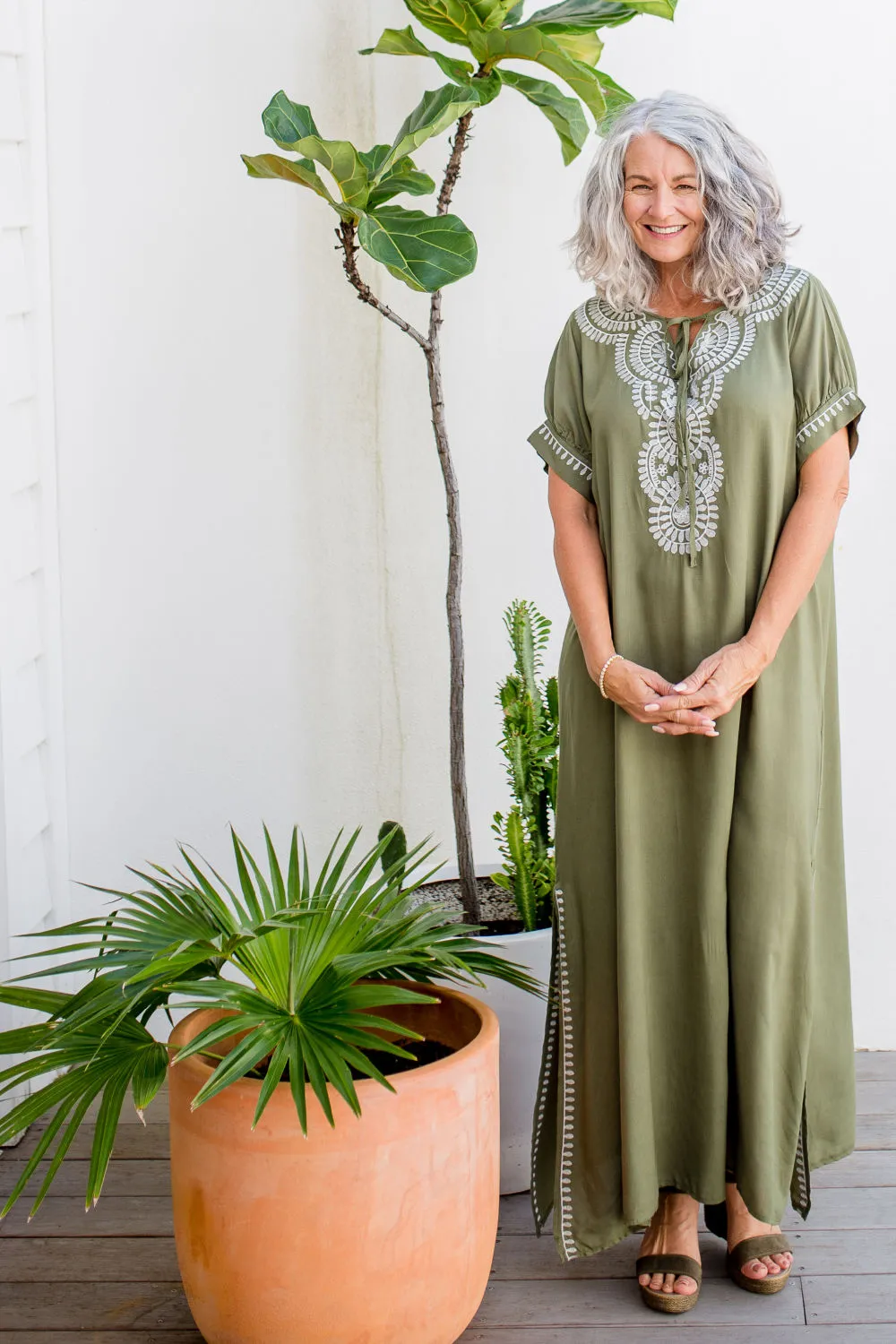 Embroidered Green Kaftan Maxi Dress