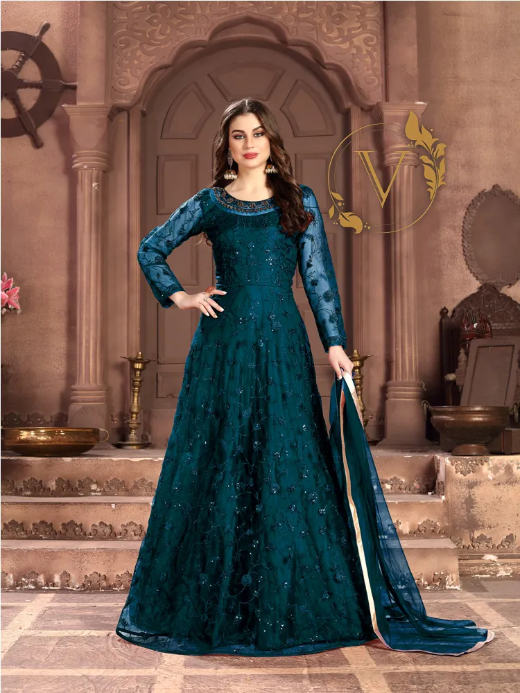 Embroidered Net Abaya Style Suit in Dark Green