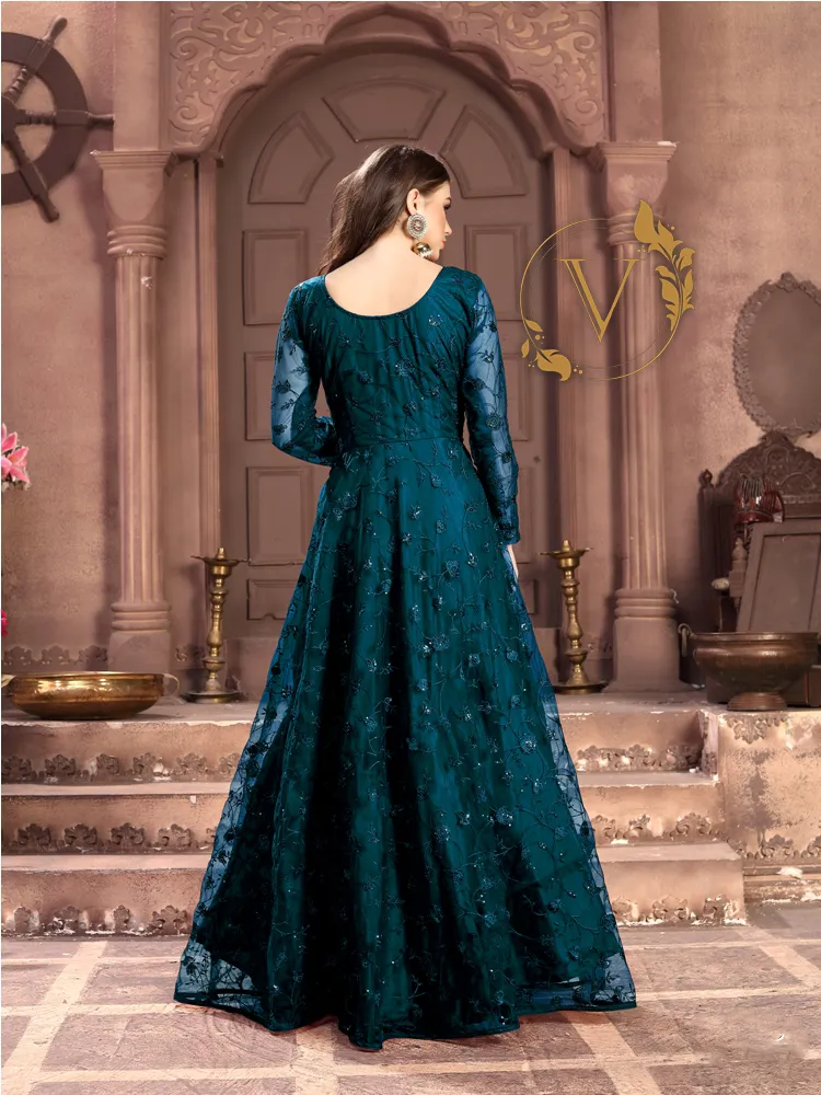 Embroidered Net Abaya Style Suit in Dark Green