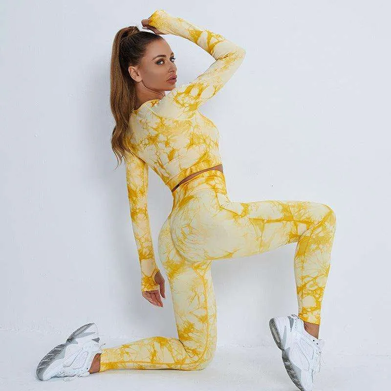 Fitness Pants Tie Dye Yoga Wear leggings Nude Brushed Sports Long Sleeve Suit