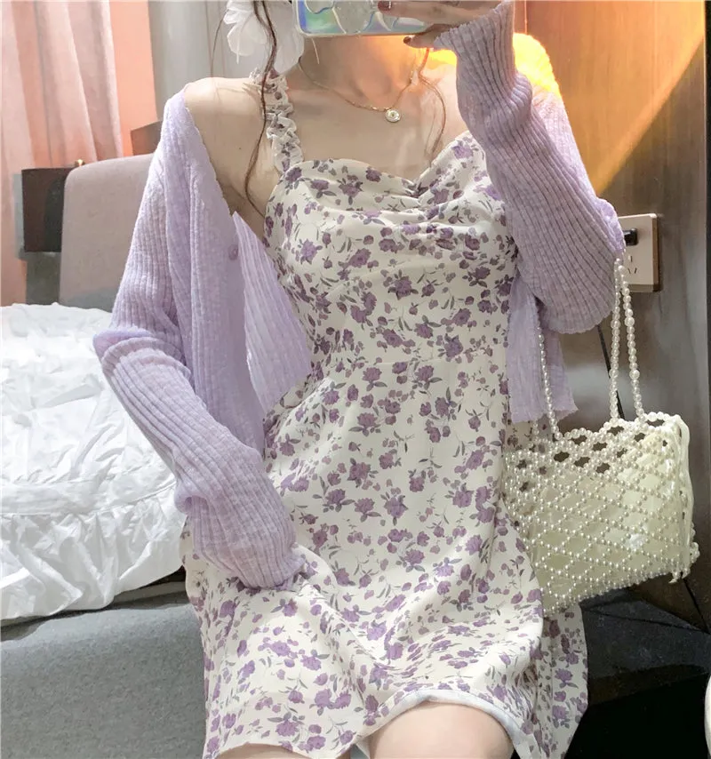 Floral Slip Dress Ladies Mini A-line Strap Dress  High Waist Ruched Purple Sundress For Women Spring  Clothing Robe Femme Fairy Dress