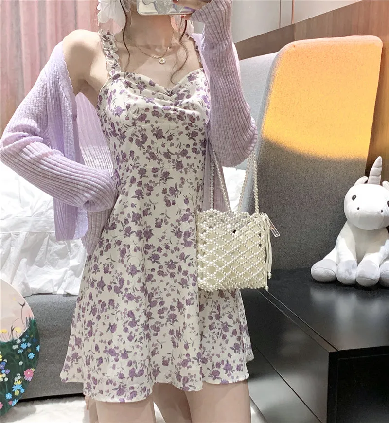 Floral Slip Dress Ladies Mini A-line Strap Dress  High Waist Ruched Purple Sundress For Women Spring  Clothing Robe Femme Fairy Dress