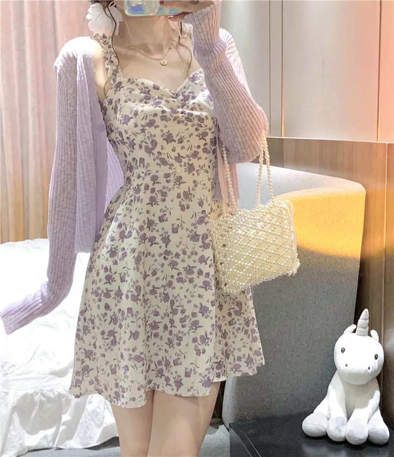 Floral Slip Dress Ladies Mini A-line Strap Dress  High Waist Ruched Purple Sundress For Women Spring  Clothing Robe Femme Fairy Dress