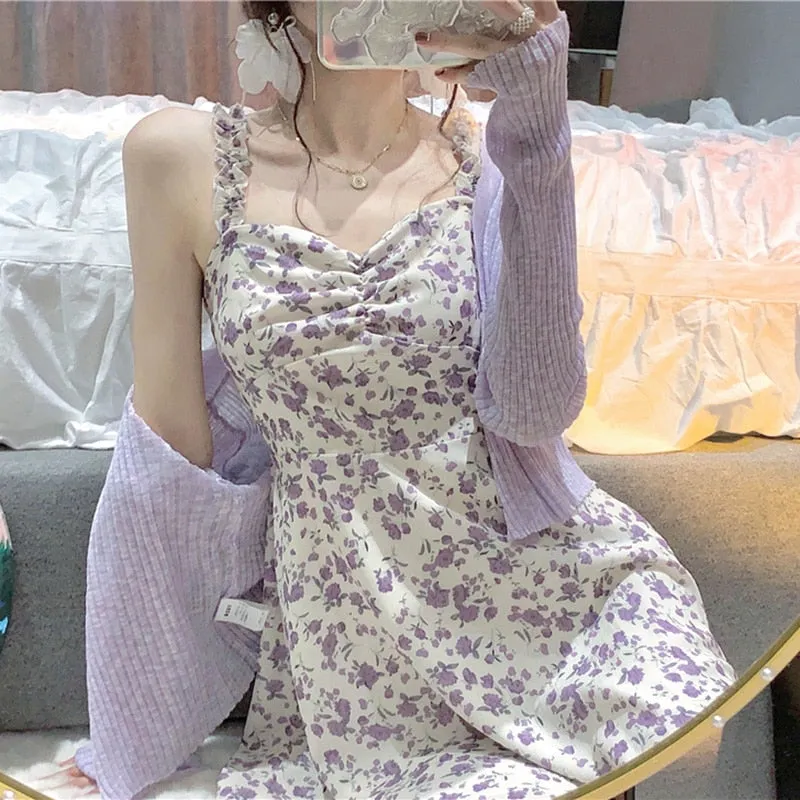 Floral Slip Dress Ladies Mini A-line Strap Dress  High Waist Ruched Purple Sundress For Women Spring  Clothing Robe Femme Fairy Dress