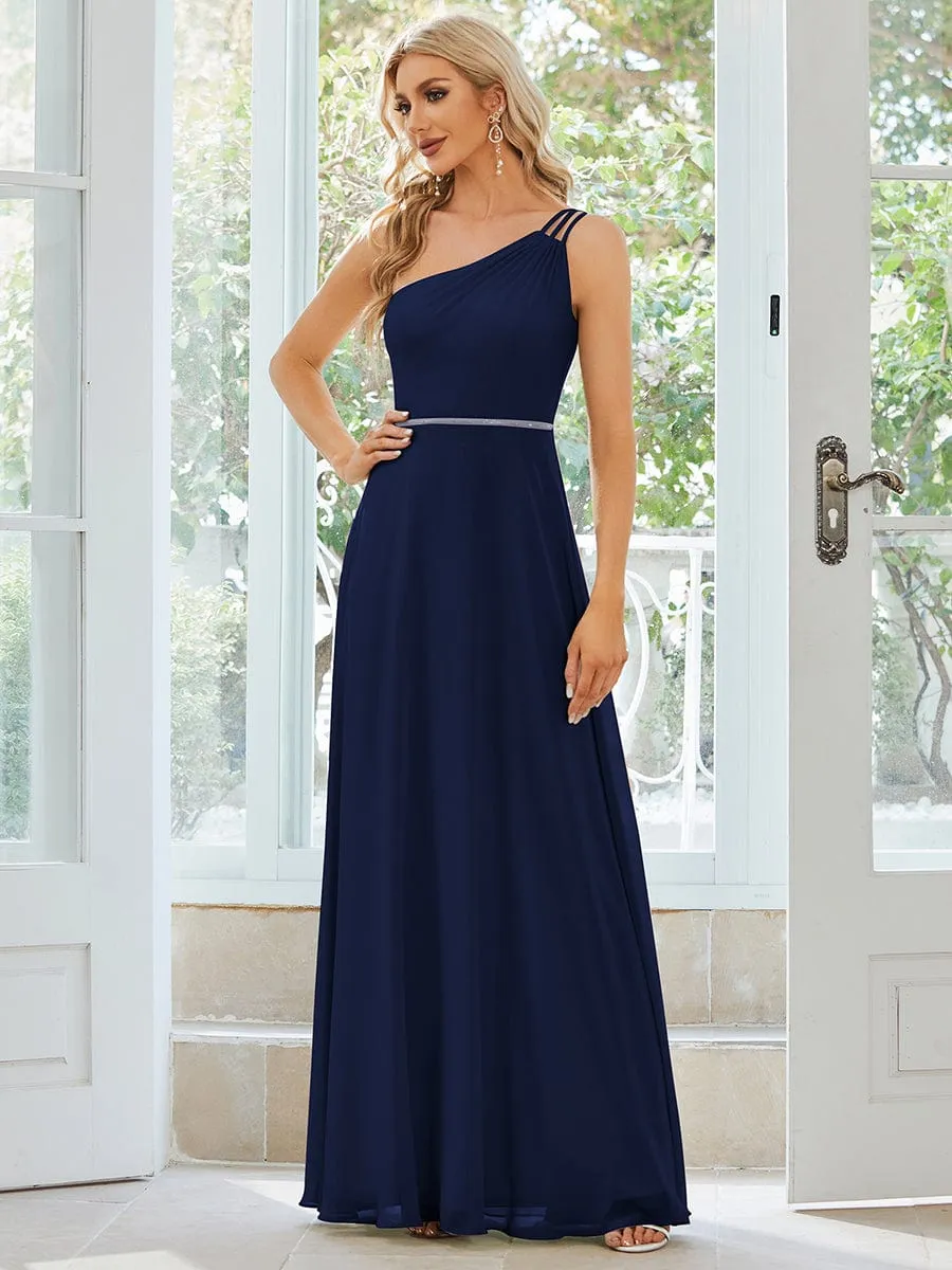 Flowy Chiffon One-Shoulder with Three Straps Bridesmaid Dress