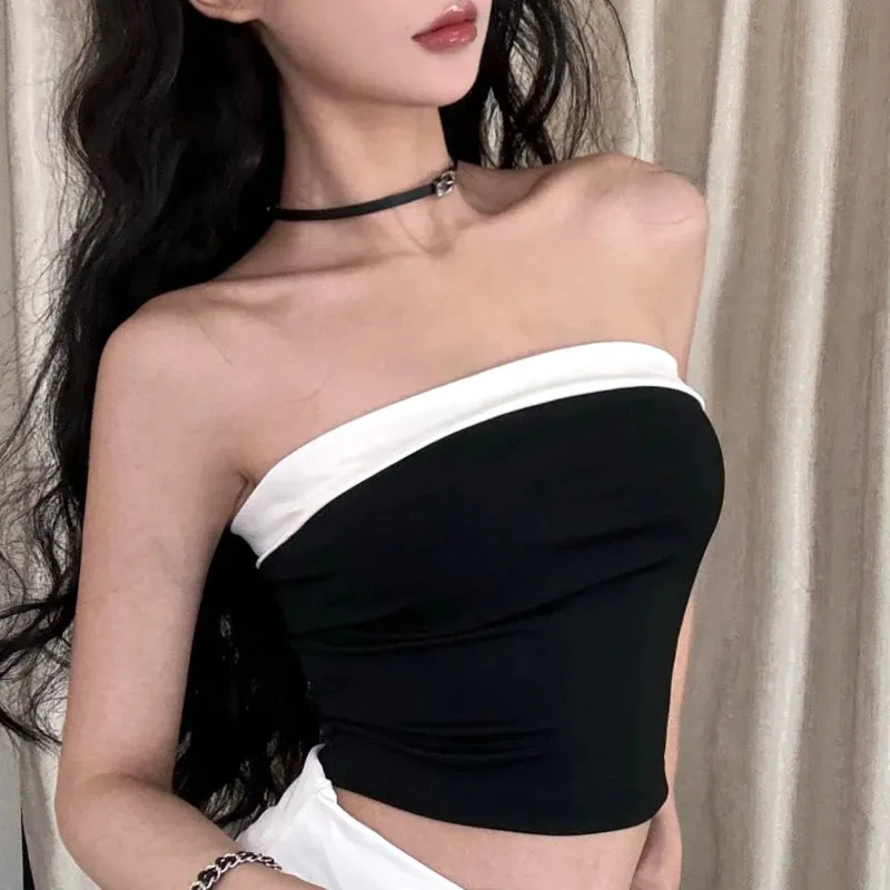 Girlary 2024 Summer New Korean Contrast Color Patchwork Sexy Backless Camisole Women   High Waist Casual Wide Leg Pants Two-piece Suit