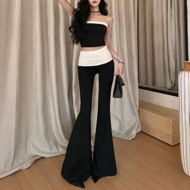 Girlary 2024 Summer New Korean Contrast Color Patchwork Sexy Backless Camisole Women   High Waist Casual Wide Leg Pants Two-piece Suit